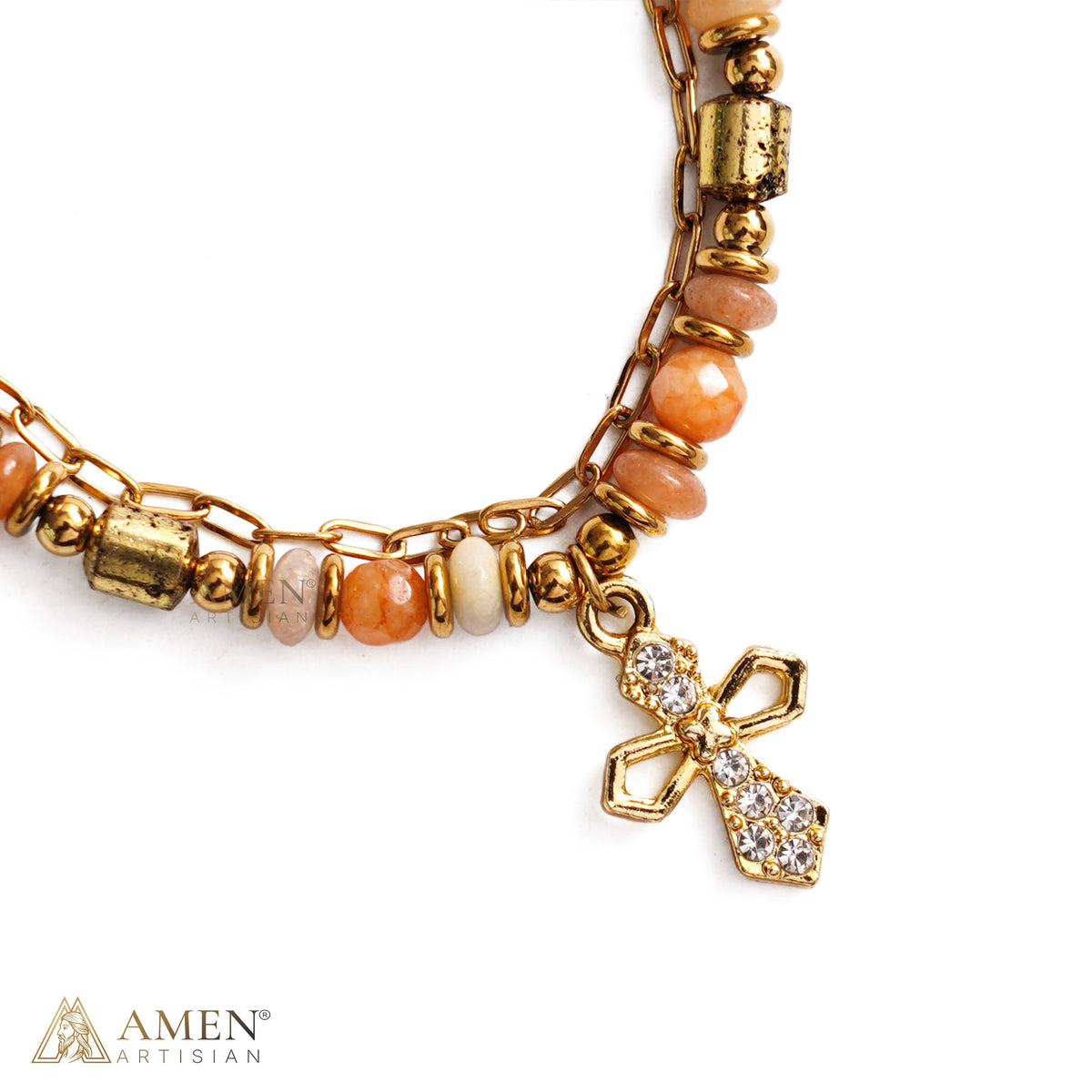 Layered Beaded Bracelet with Sparkling Cross Charm