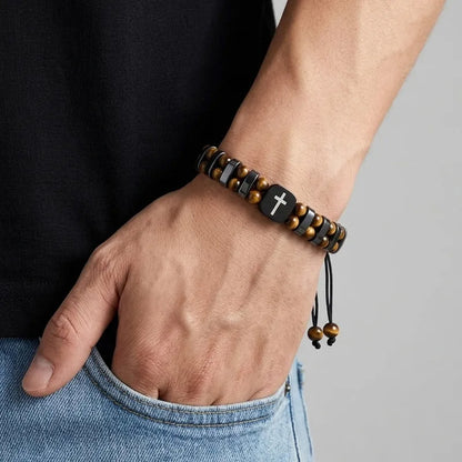 Retro Tiger Eye Cross Bracelet for Men with Adjustable Cord