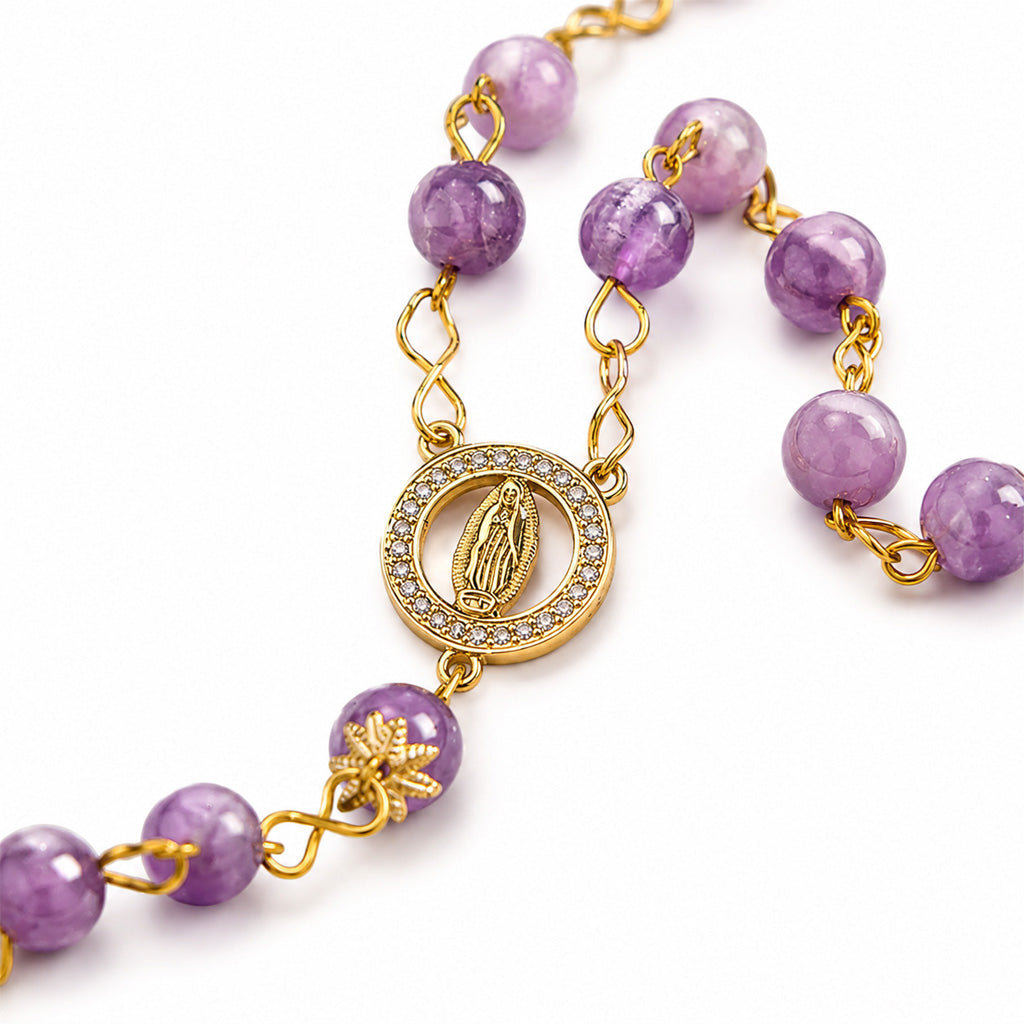 Purple Marbled Rosary with Gold-Tone Marian Medal