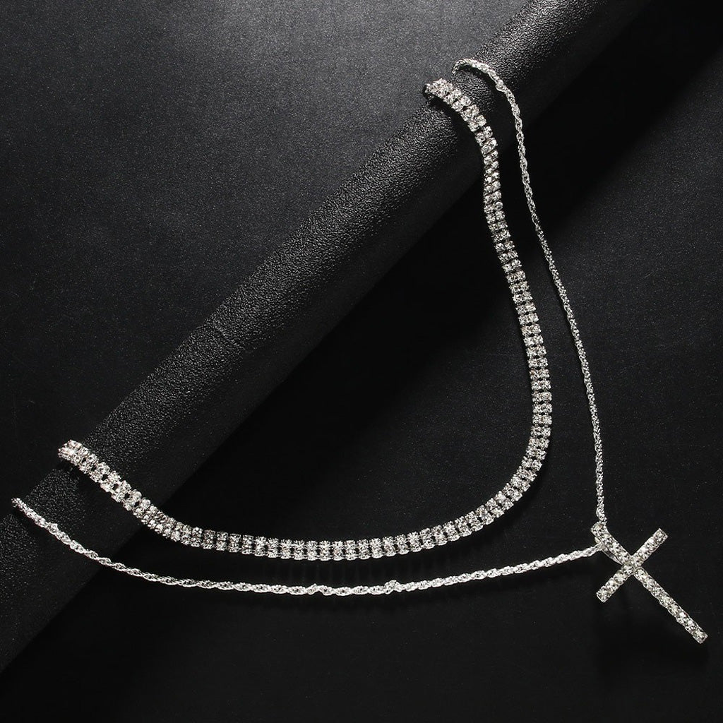Sparkling Layered Cross Necklace with Rhinestone Details
