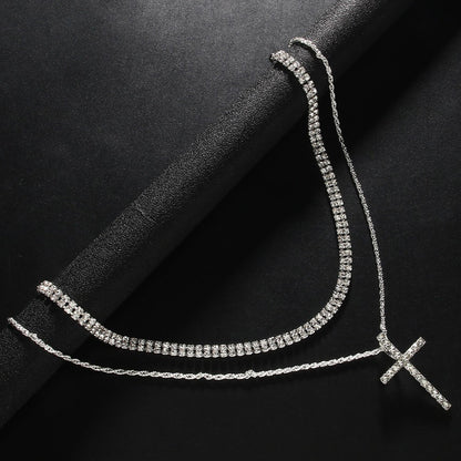Sparkling Layered Cross Necklace with Rhinestone Details