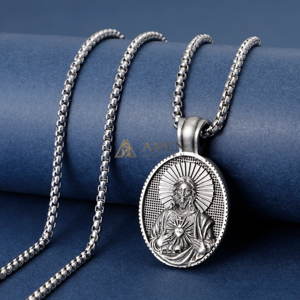 Sacred Heart of Jesus Oval Pendant Necklace Amen Artisan