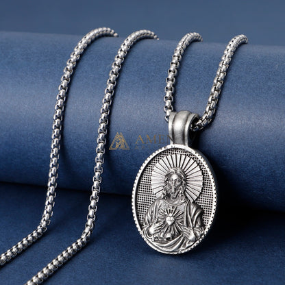 Sacred Heart of Jesus Oval Pendant Necklace Amen Artisan