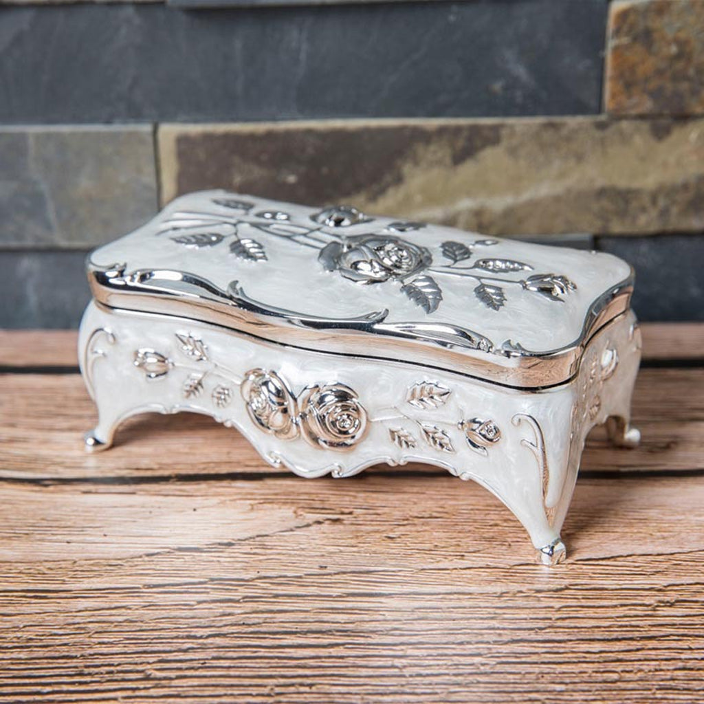 Vintage Rose Metal Rosary Keepsake Box with Raised Floral Details