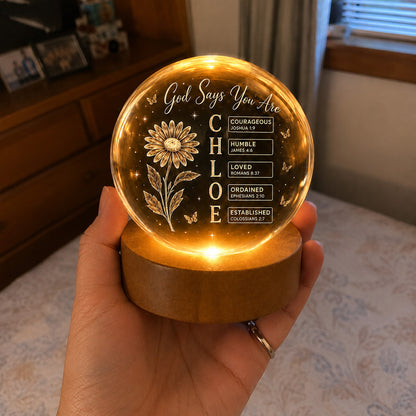 Personalized Crystal Ball Night Light with Name, Birth Flower & Bible Verse — Custom Christian 3D Engraved Keepsake Gift