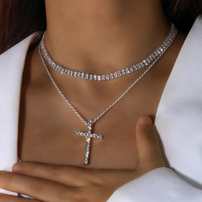 Sparkling Layered Cross Necklace with Rhinestone Details