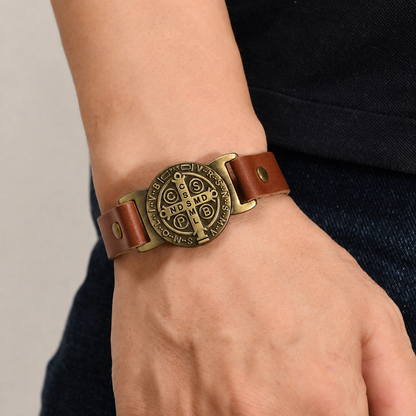 【DEAL TODAY】St. Benedict Leather Cuff Bracelet with Large Medal — Protection