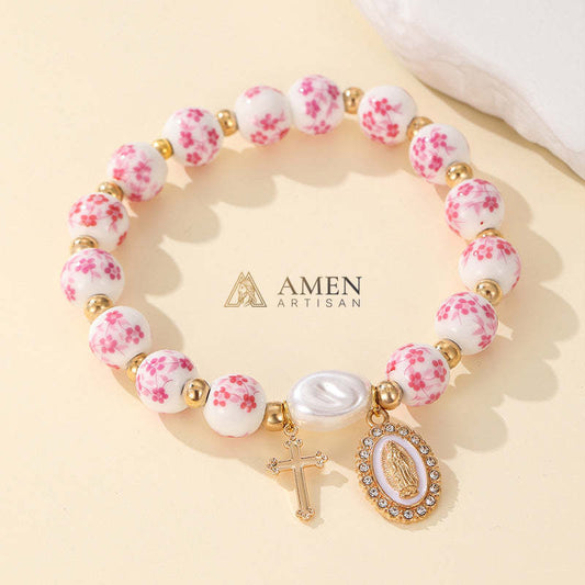 Blue and White Pottery Beads & Baroque Pearl Elastic Cord Cross Bracelet Amen Artisan