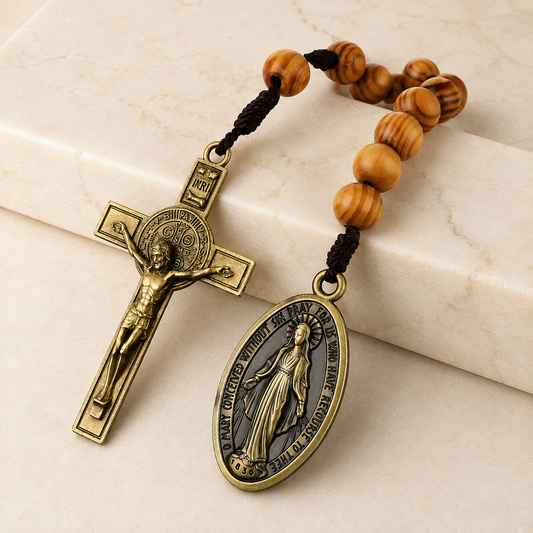 Portable Wooden Decade Rosary with St. Benedict Cross - Blessing & Peace | Amen Artisan