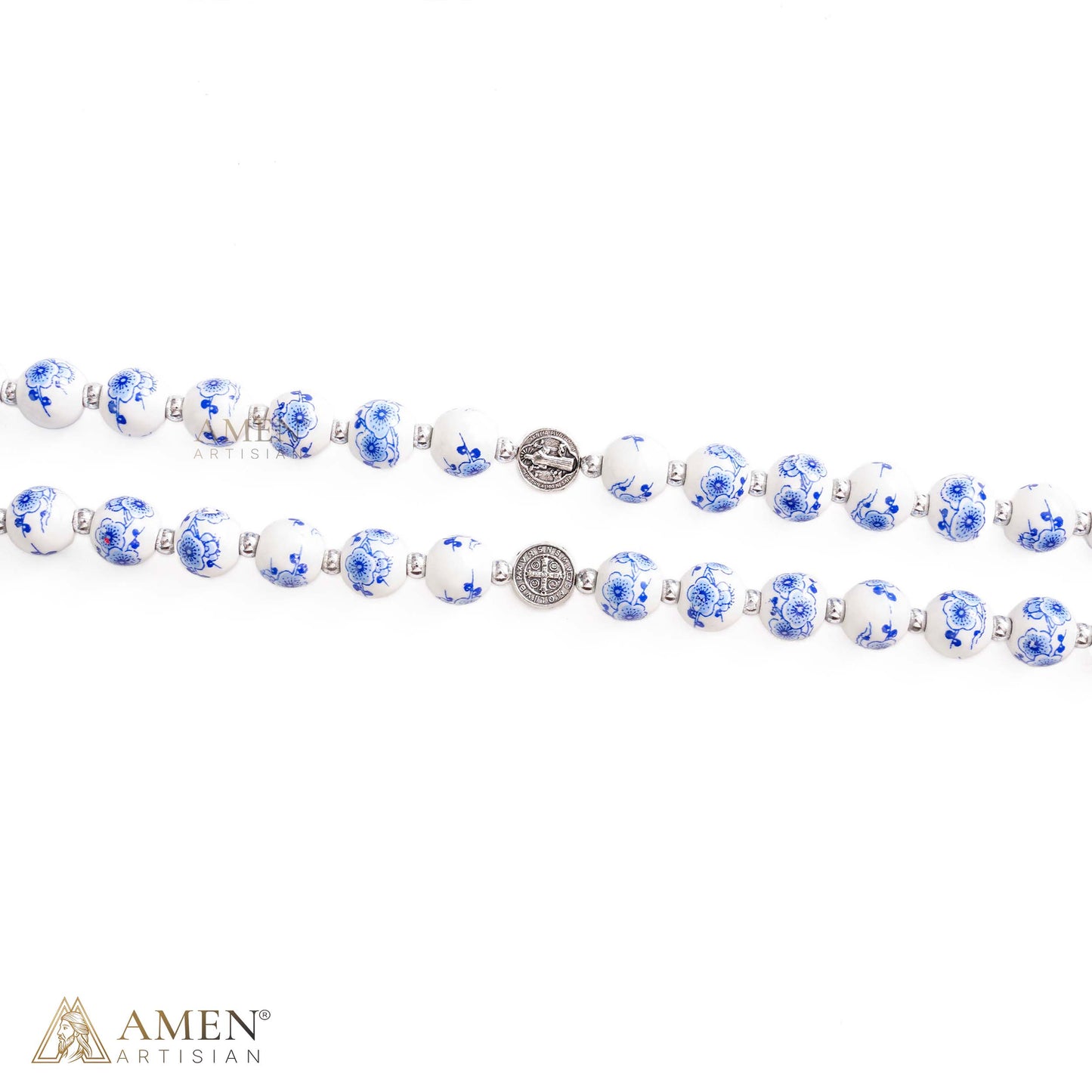 Blue Floral Ceramic Rosary with Marian Pendant and St. Benedict Medals — Grace and Peace | Amen Artisan