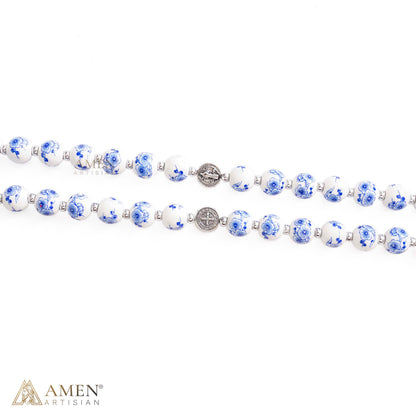 【Limited-Time 50% off】Blue Floral Ceramic Rosary with Marian Pendant and St. Benedict Medals — Grace and Peace | Amen Artisan