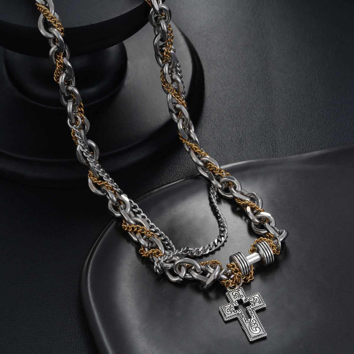 Two-Tone Mixed-Link Cross Necklace