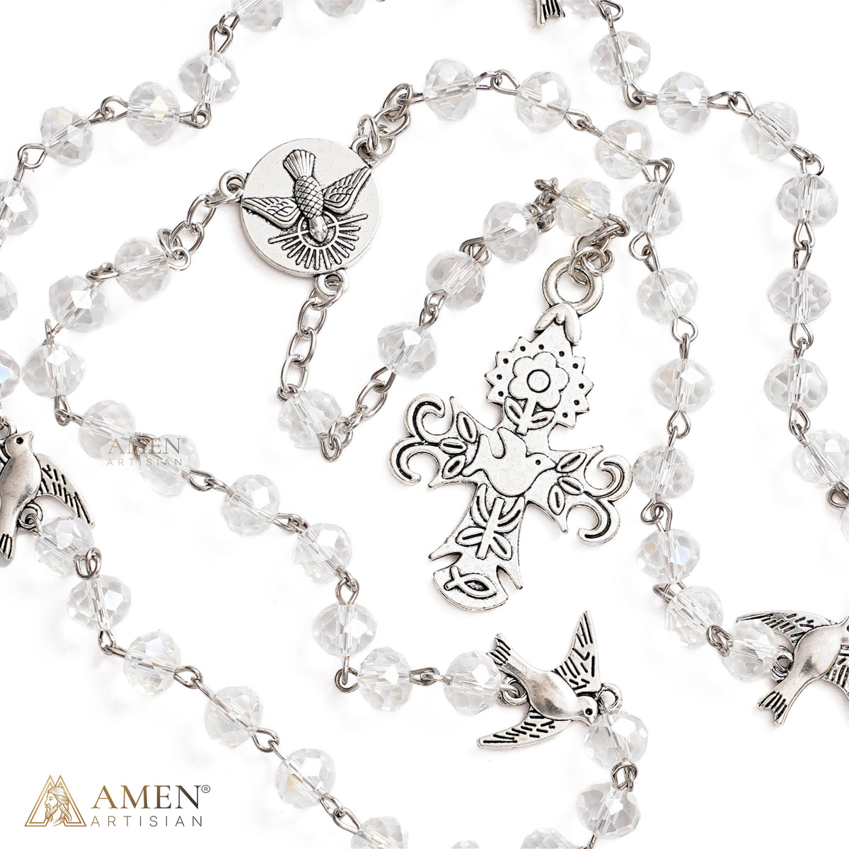 Holy Spirit Dove Rosary-Style Necklace with Clear Faceted Beads