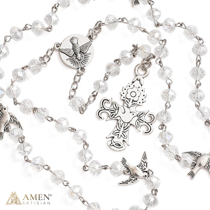 Holy Spirit Dove Rosary-Style Necklace with Clear Faceted Beads
