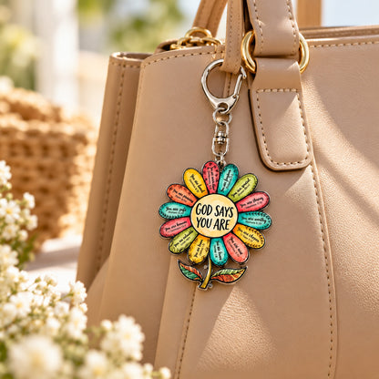 God Says You Are Scripture Flower Keychain