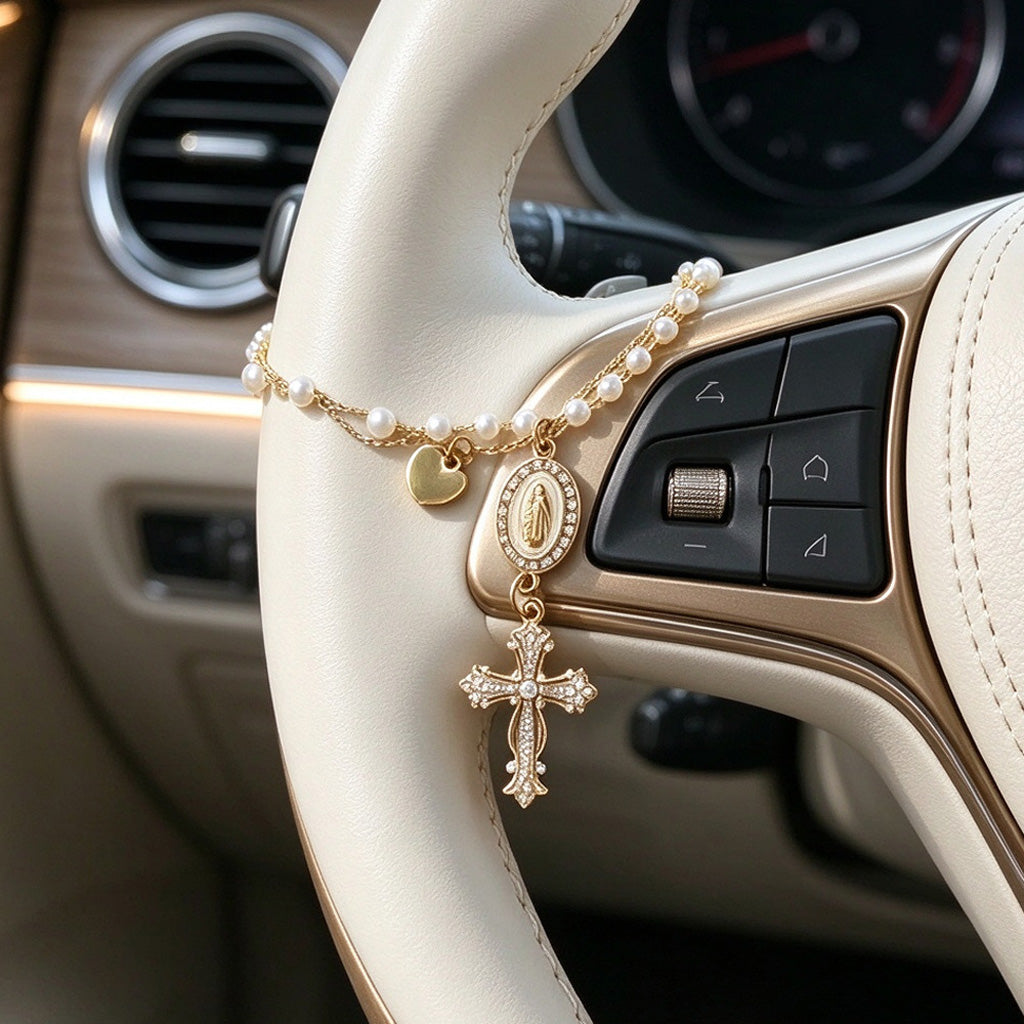 Virgin Mary & Cross Pearl-Like Bead Car Charm