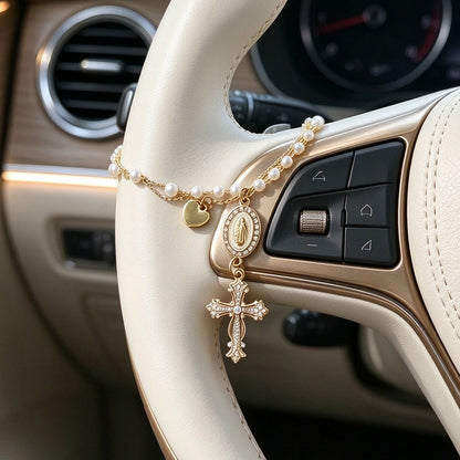 Virgin Mary & Cross Pearl-Like Bead Car Charm