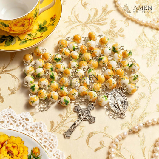 Yellow Peony Ceramic Rosary Amen Artisan