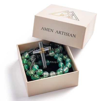 Green Agate Rosary with Cross Amen Artisan