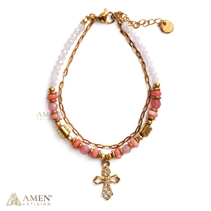 Layered Beaded Bracelet with Sparkling Cross Charm