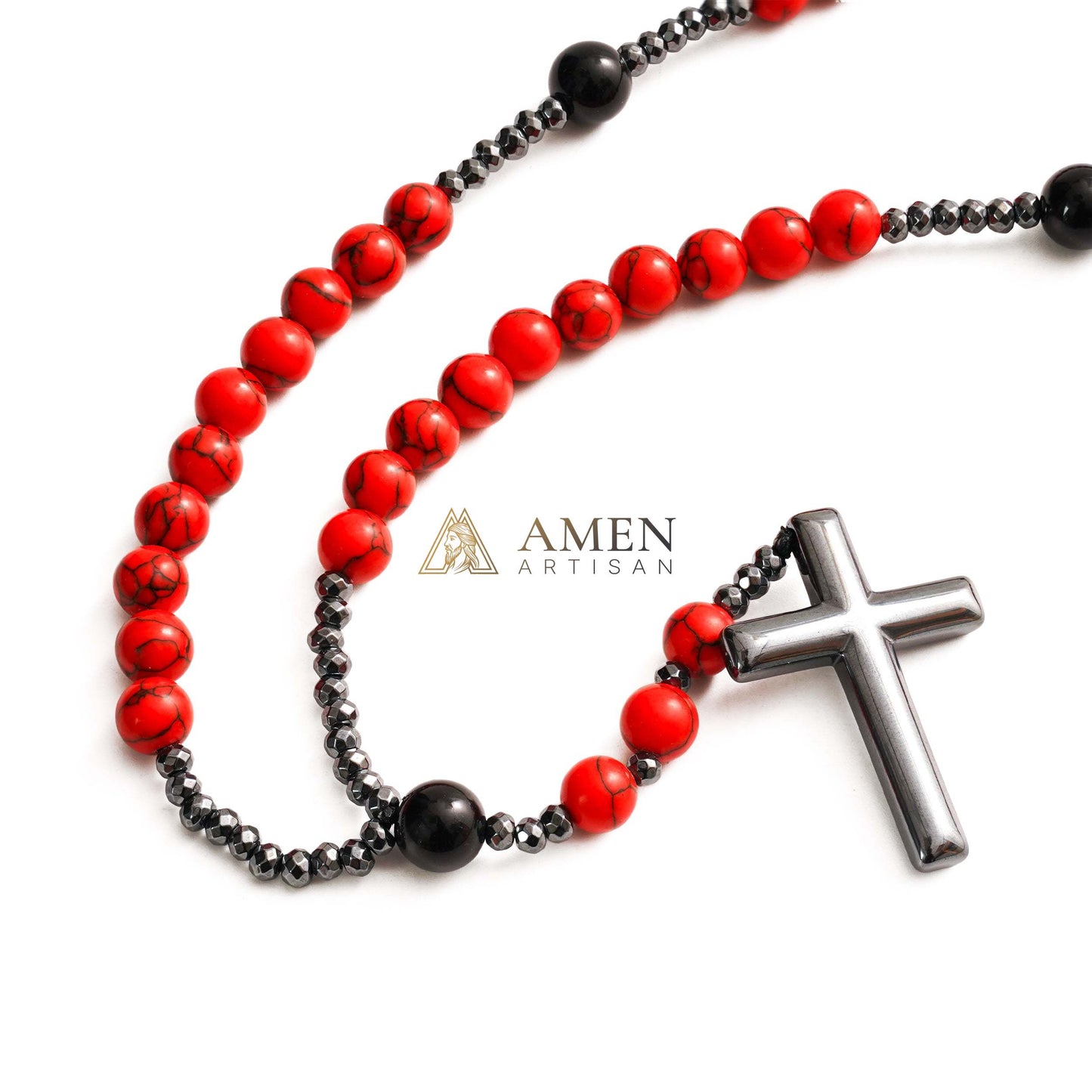 Red Turquoise Cross Rosary Amen Artisan