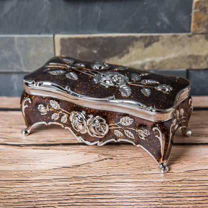 Vintage Rose Metal Rosary Keepsake Box with Raised Floral Details