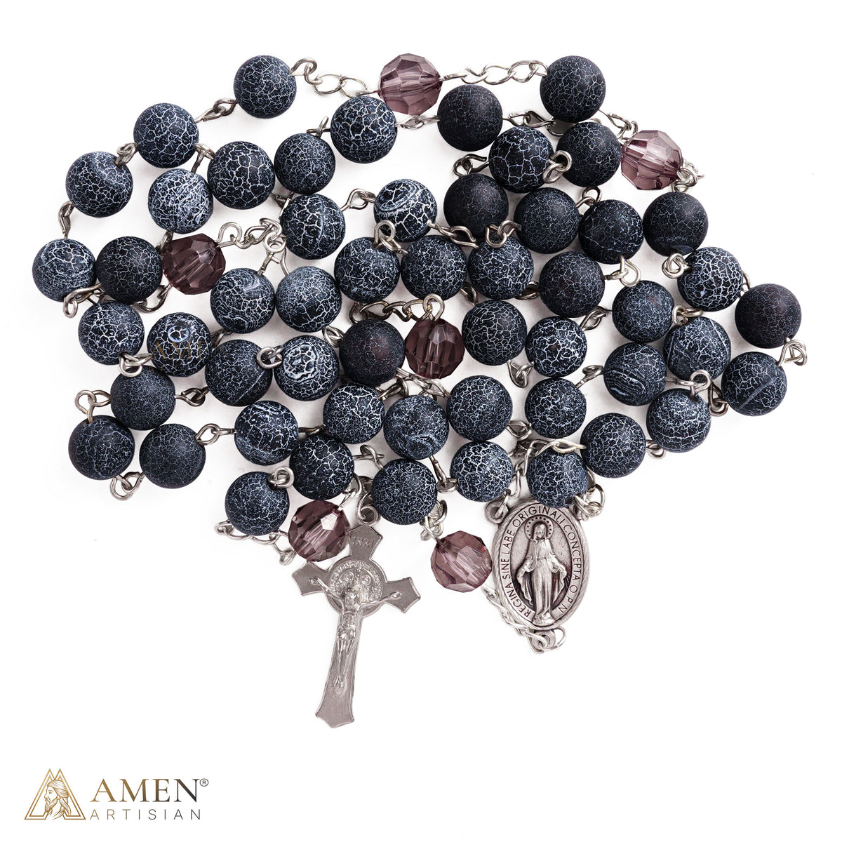Our Lady Natural Blue Stone Rosary — Miraculous Medal & St. Benedict Crucifix