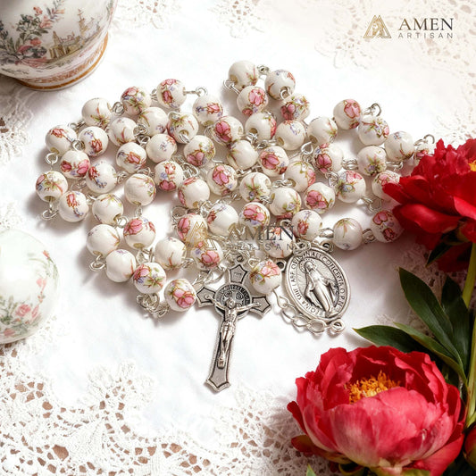 Pink Peony Ceramic Rosary Amen Artisan