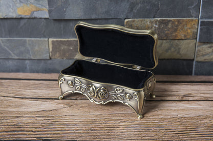 Vintage Rose Metal Rosary Keepsake Box with Raised Floral Details
