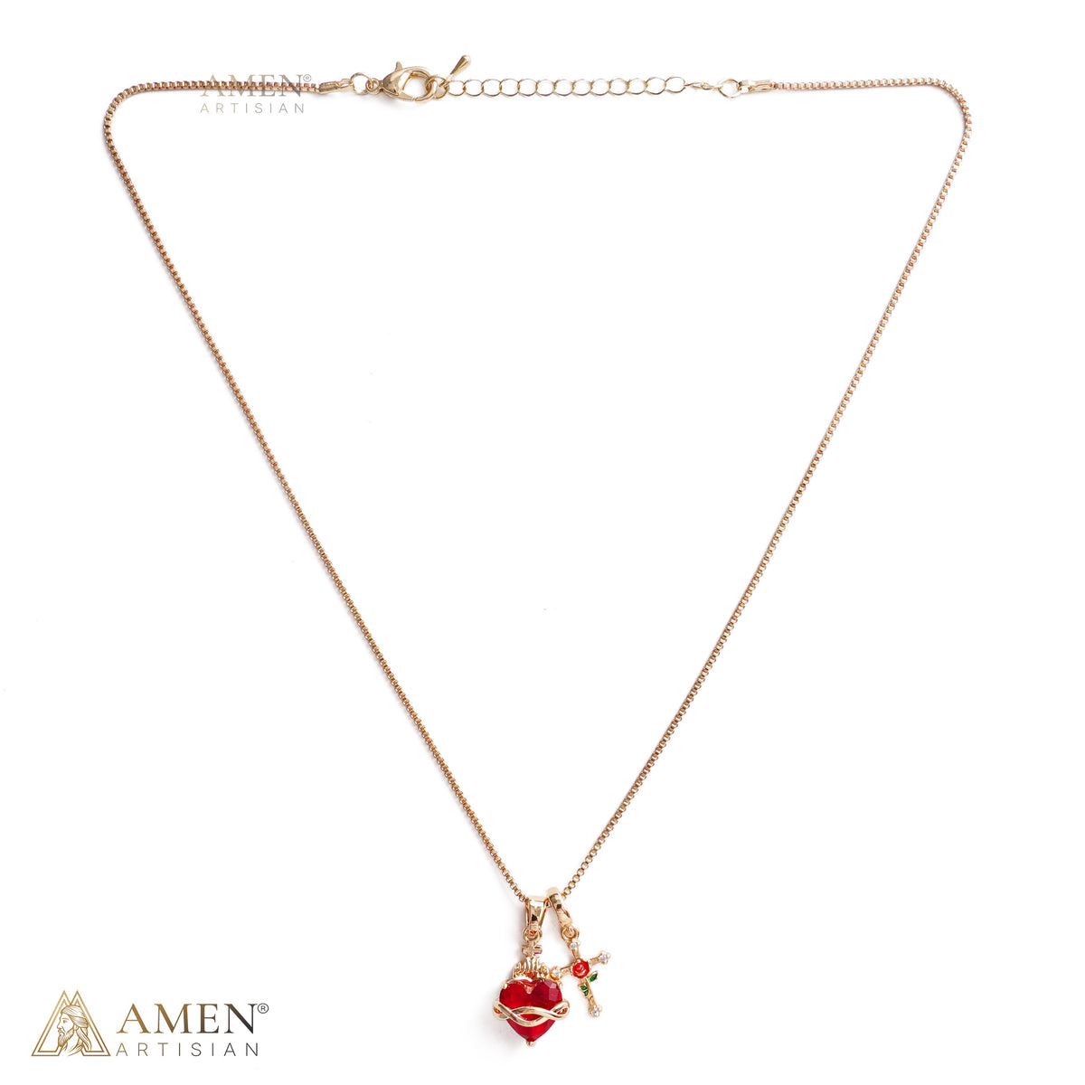 Sacred Heart & Rose Cross Multi-Pendant Necklace Amen Artisan