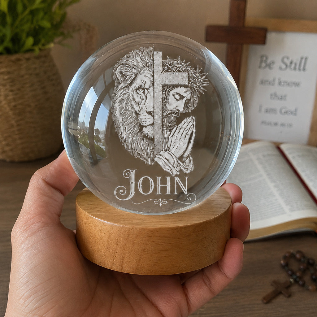 Personalized Christian Crystal Night Light with Lion, Cross, and Jesus — Strength