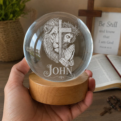 Personalized Christian Crystal Night Light with Lion, Cross, and Jesus — Strength