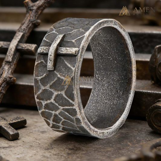 Hammered Cross Titanium Steel Ring Amen Artisan