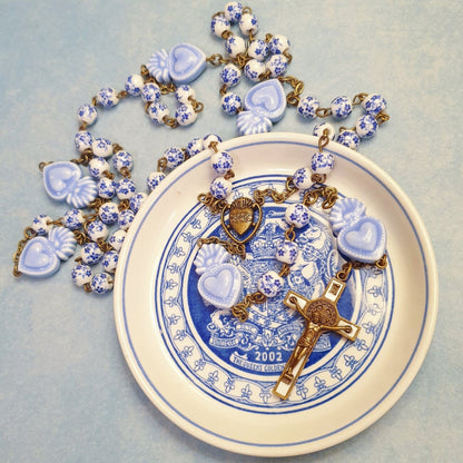 Delft Blue Beads Sacred Heart Rosary - Blue and White Cherry Blossom Beads Vintage Bronze Style Ceramic Rosary -Amen Artisan