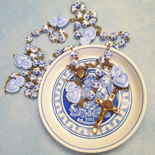 Delft Blue Beads Sacred Heart Rosary - Blue and White Cherry Blossom Beads Vintage Bronze Style Ceramic Rosary -Amen Artisan