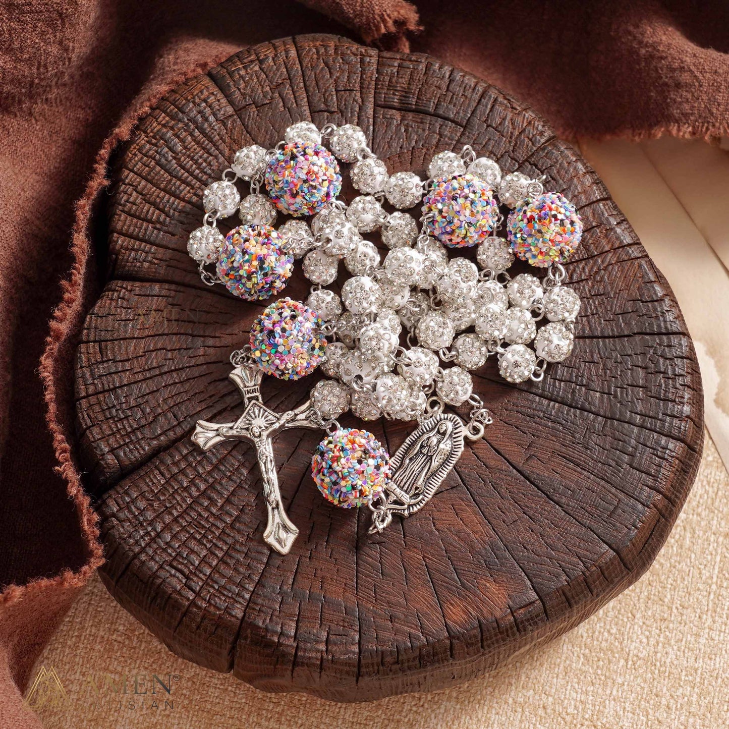【DEAL TODAY】Our Lady of Guadalupe Five-Decade Rosary with Sparkling Rhinestone Beads and Colorful Sequin Accents — Grace and Devotion | Amen Artisan