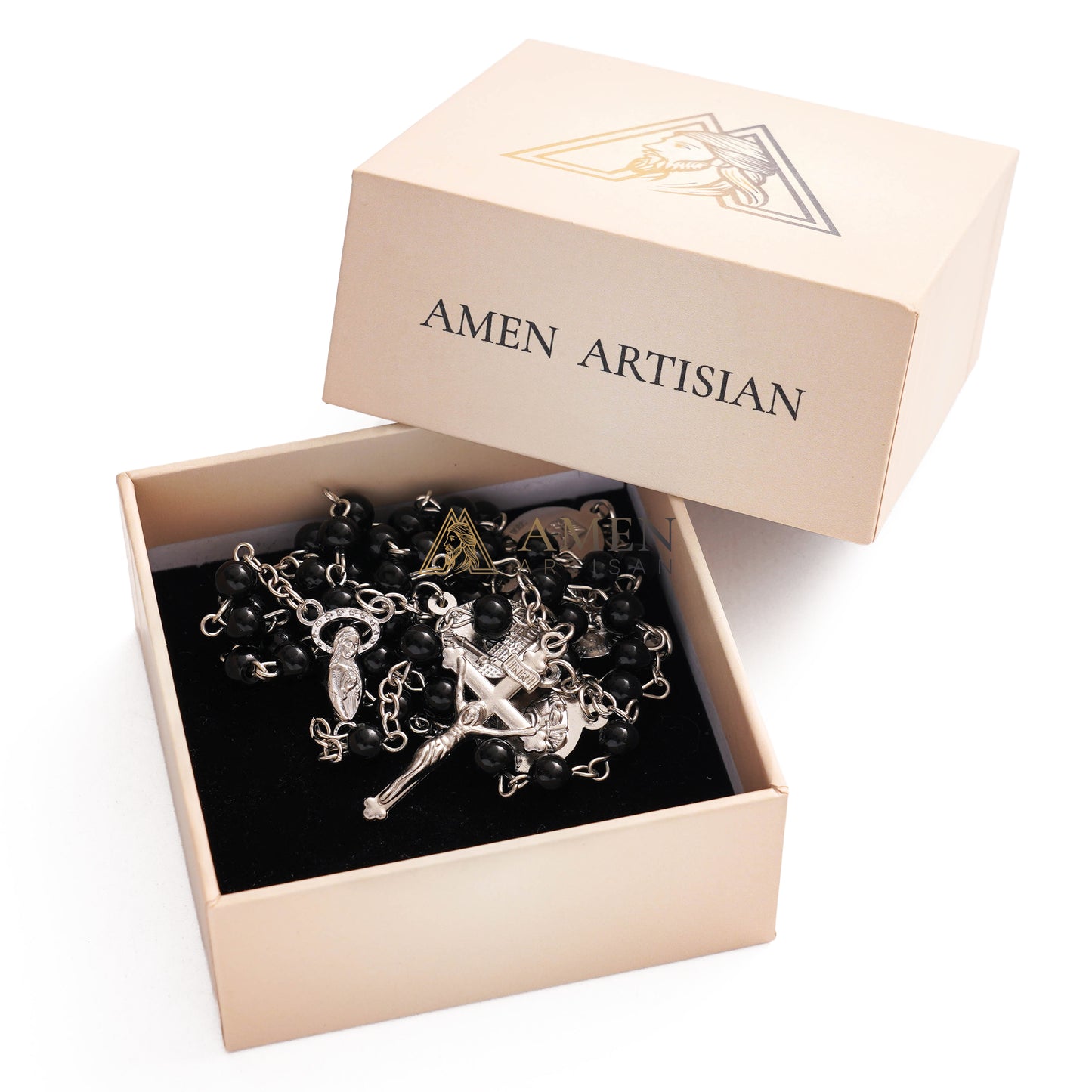 Crucifix Our Lady Black Bead Rosary  Amen Artisan