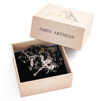 Crucifix Our Lady Black Bead Rosary  Amen Artisan