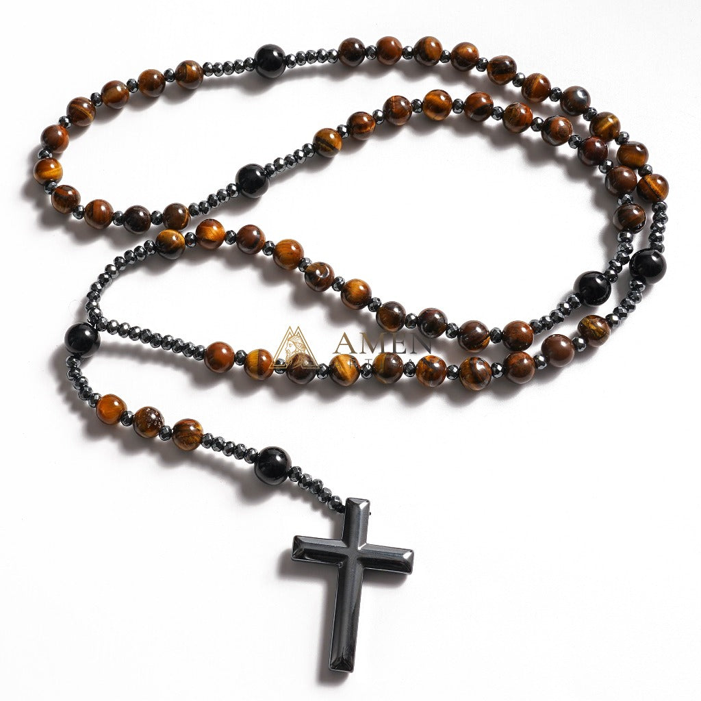 Yellow Tiger Eye Cross Rosary Amen Artisan