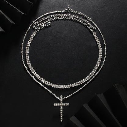 Sparkling Layered Cross Necklace with Rhinestone Details