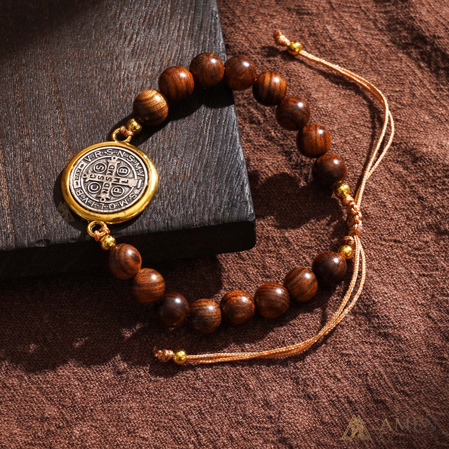 【Deal Today】Wooden Beads Saint Benedict Medal Adjustable Bracelet  | Amen Artisan