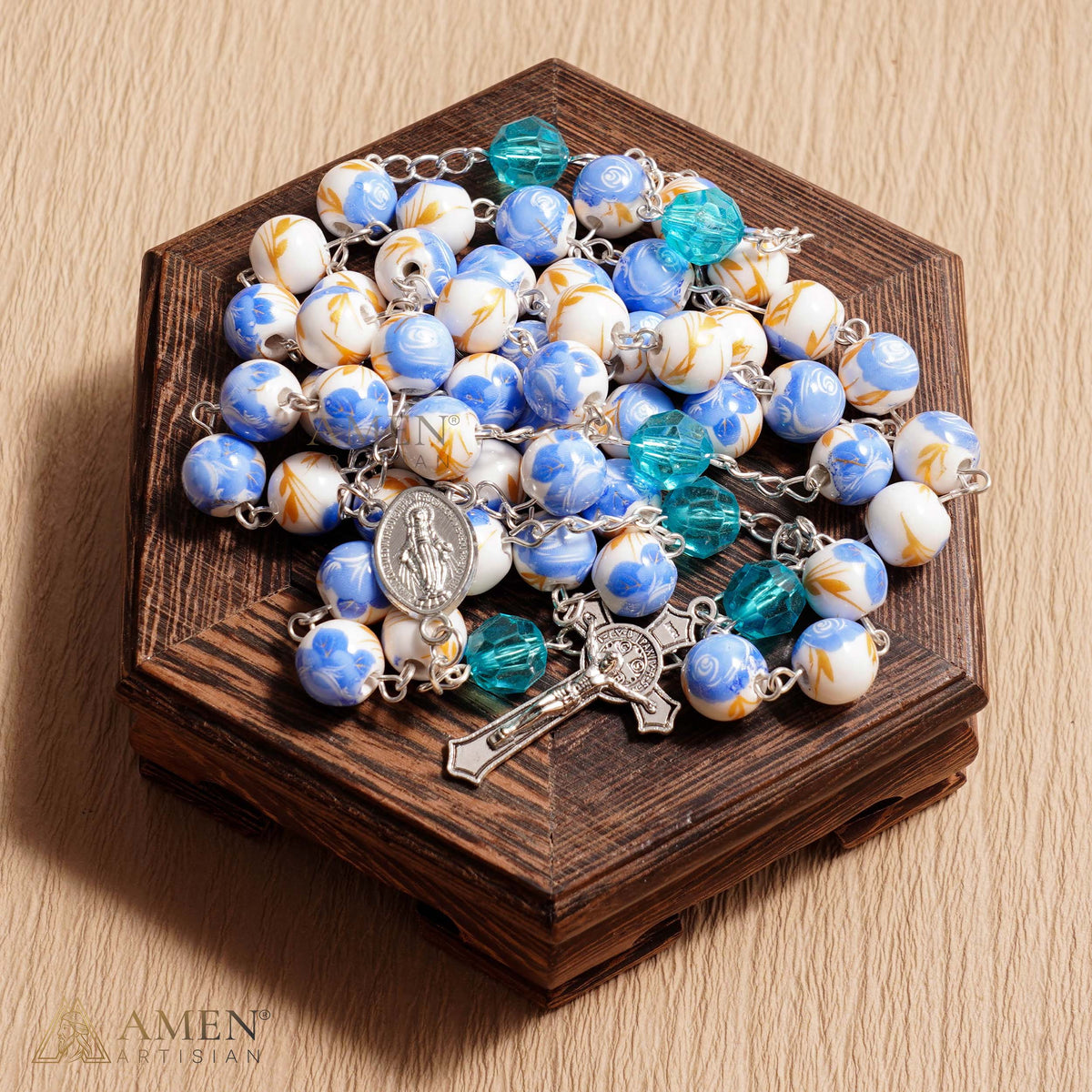 Blue Floral Ceramic Rosary Amen Artisan