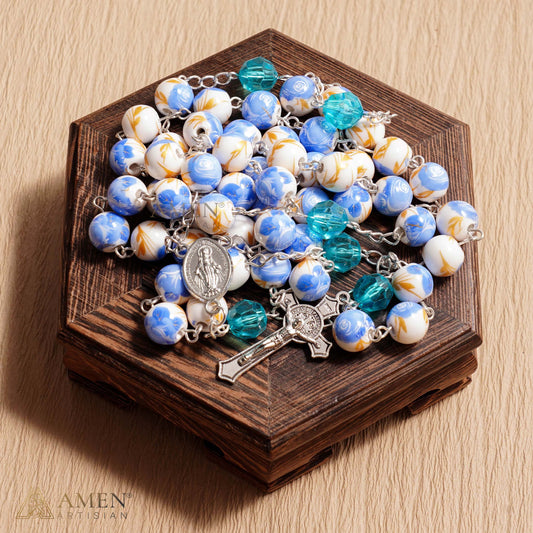 Rosario de cerámica floral azul Amén Artesano