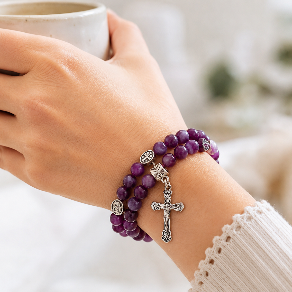 Purple Marbled Bead Crucifix Wrap Bracelet and Necklace