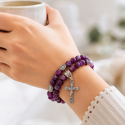 Purple Marbled Bead Crucifix Wrap Bracelet and Necklace