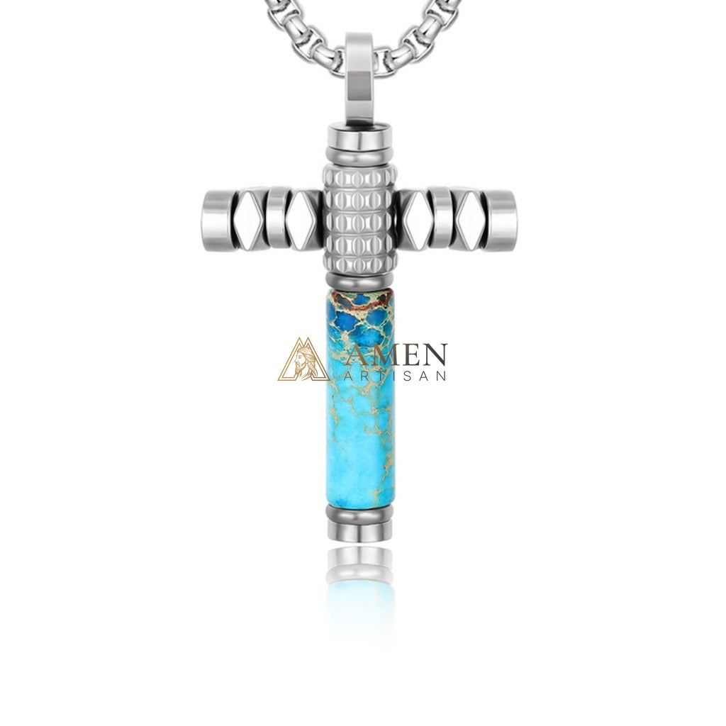 Handcrafted Titanium Steel Turquoise Cross Pendant Necklace  Amen Artisan