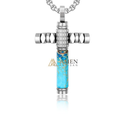 Handcrafted Titanium Steel Turquoise Cross Pendant Necklace  Amen Artisan