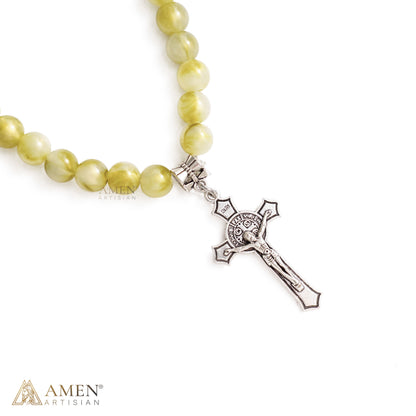Olive Green St. Benedict Crucifix Beaded Wrap Bracelet and Necklace