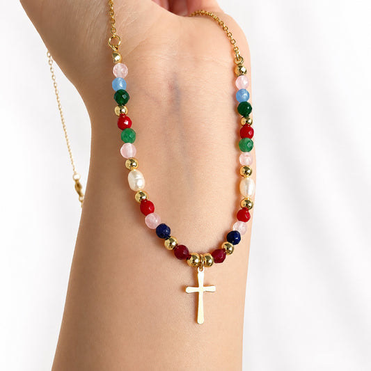 Colorful Beaded Cross Necklace with Natural Stone Details