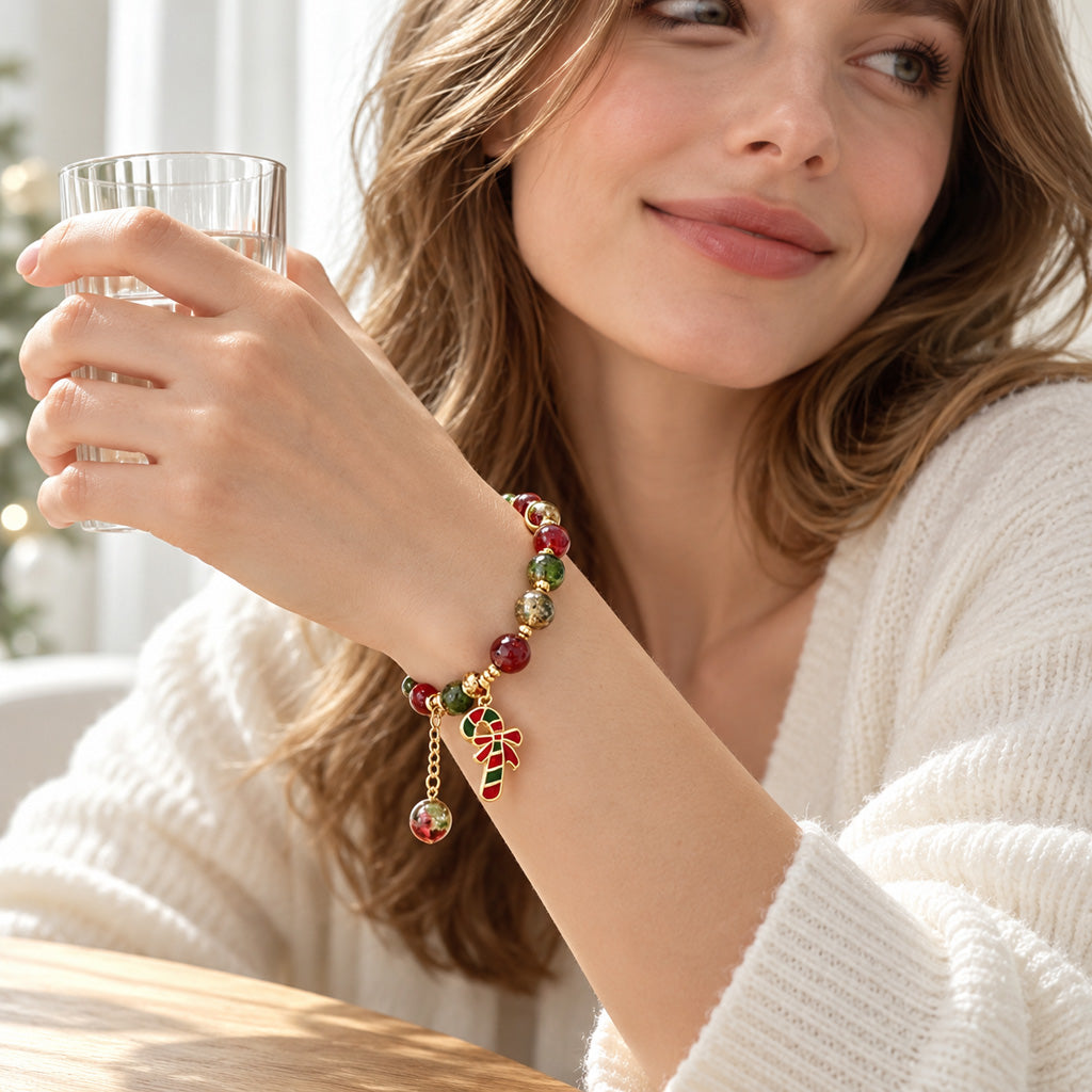 Santa Claus Christmas Glass Bead Stretch Bracelet